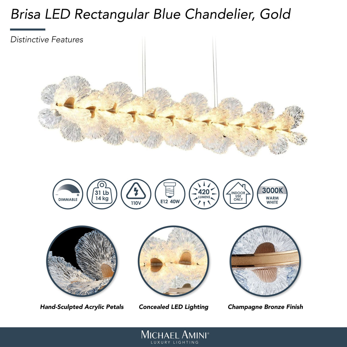 Michael Amini Lighting - Brisa 50" Rectangular LED Chandelier - Ocean Blue / Bronze