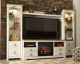 Willowton - Centro de entretenimiento - Mueble de TV con inserto de chimenea de ladrillo falso - Blanqueado