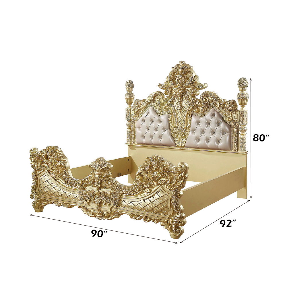 Cabriole - Cama King Oriental - Tapizado en Poliuretano Dorado Claro y Acabado en Oro