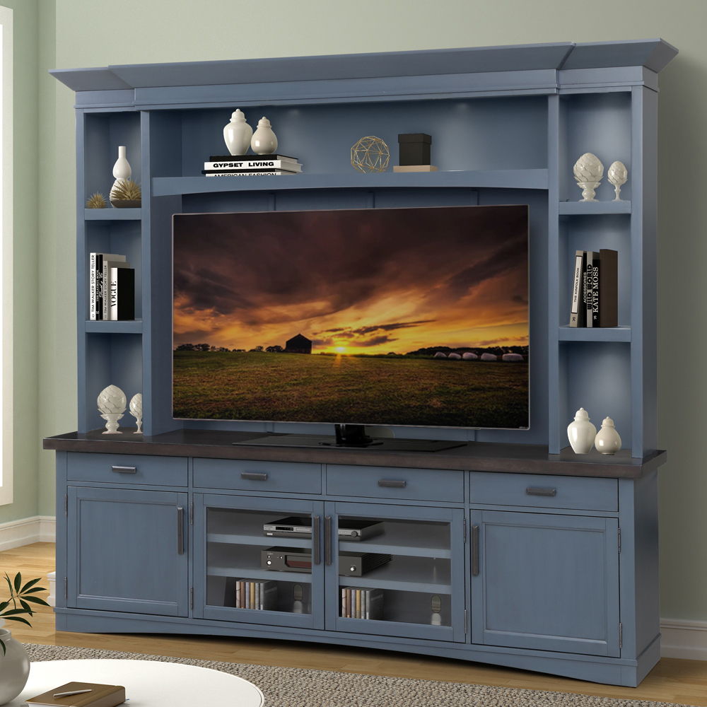 Americana Modern - Consola de TV con vitrina, panel trasero y luces LED
