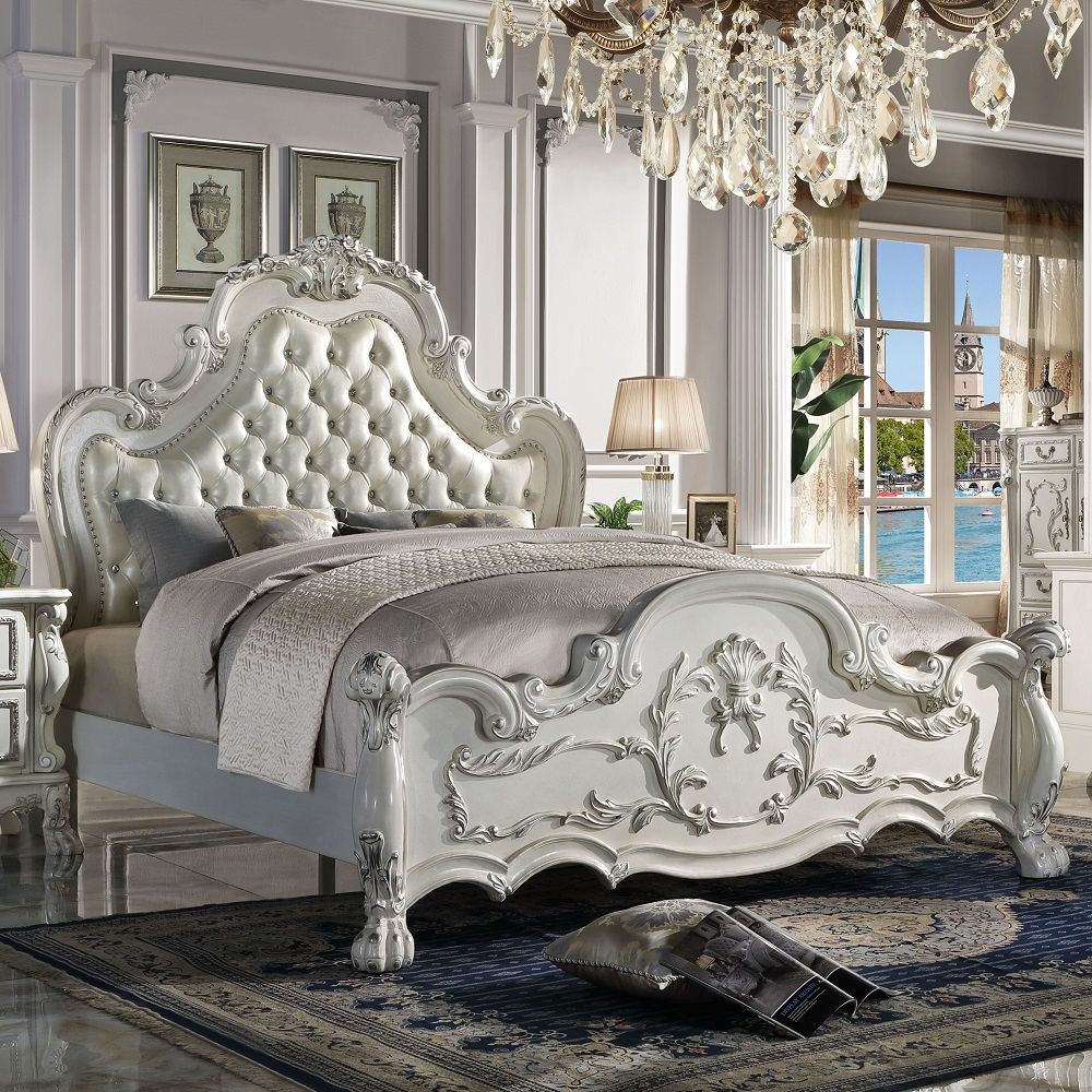 Dresden - Cama tapizada Queen - Acabado blanco hueso