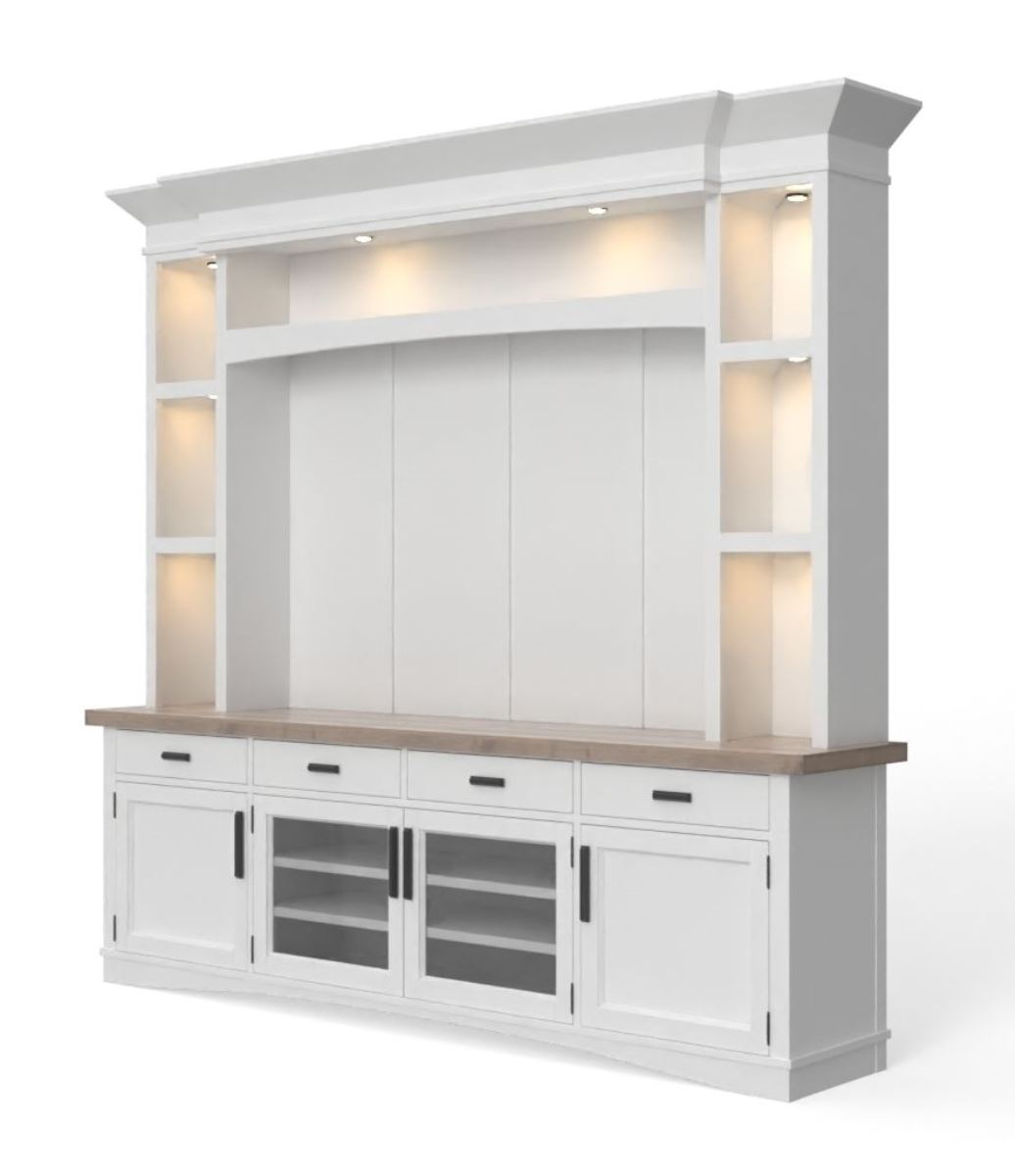 Americana Modern - Consola de TV con vitrina, panel trasero y luces LED