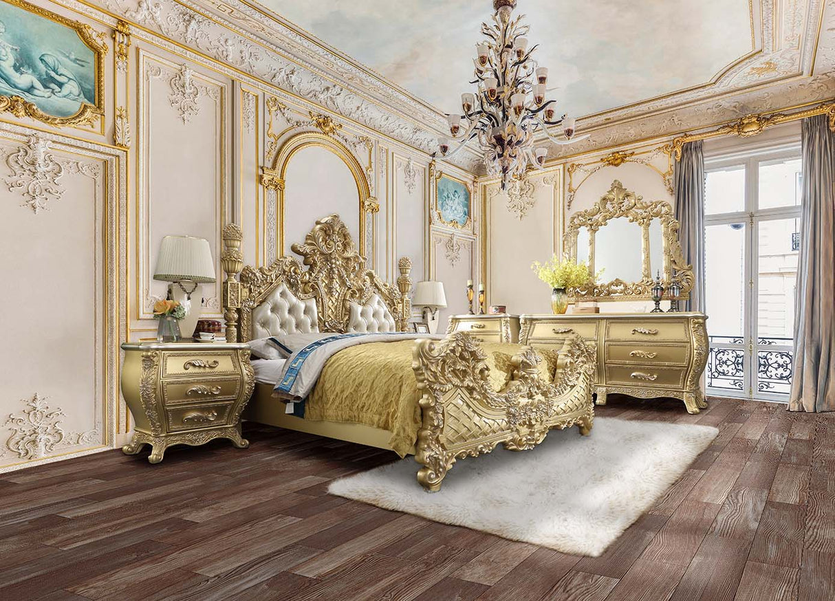 Cabriole - Cama King Oriental - Tapizado en Poliuretano Dorado Claro y Acabado en Oro