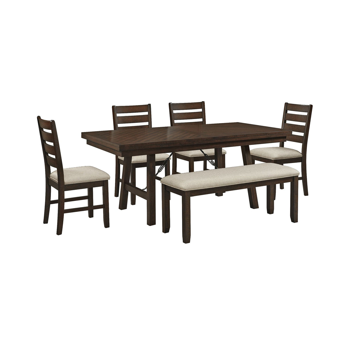 Jax - Juego de comedor de 6 piezas (Mesa de 72", cuatro sillas y banco) - Cerezo