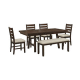 Jax - Juego de comedor de 6 piezas (Mesa de 72", cuatro sillas y banco) - Cerezo