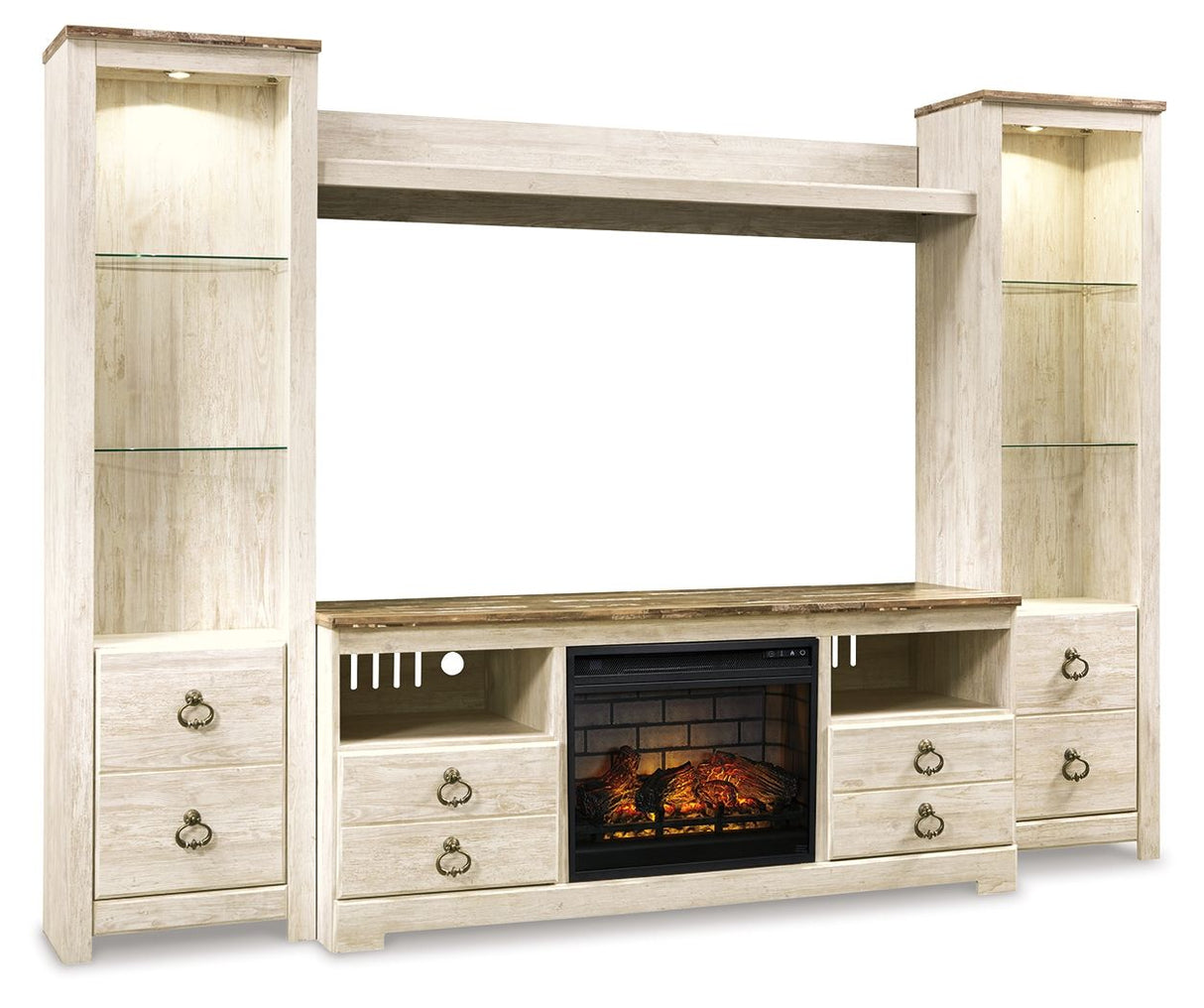 Willowton - Centro de entretenimiento - Mueble de TV con inserto de chimenea de ladrillo falso - Blanqueado