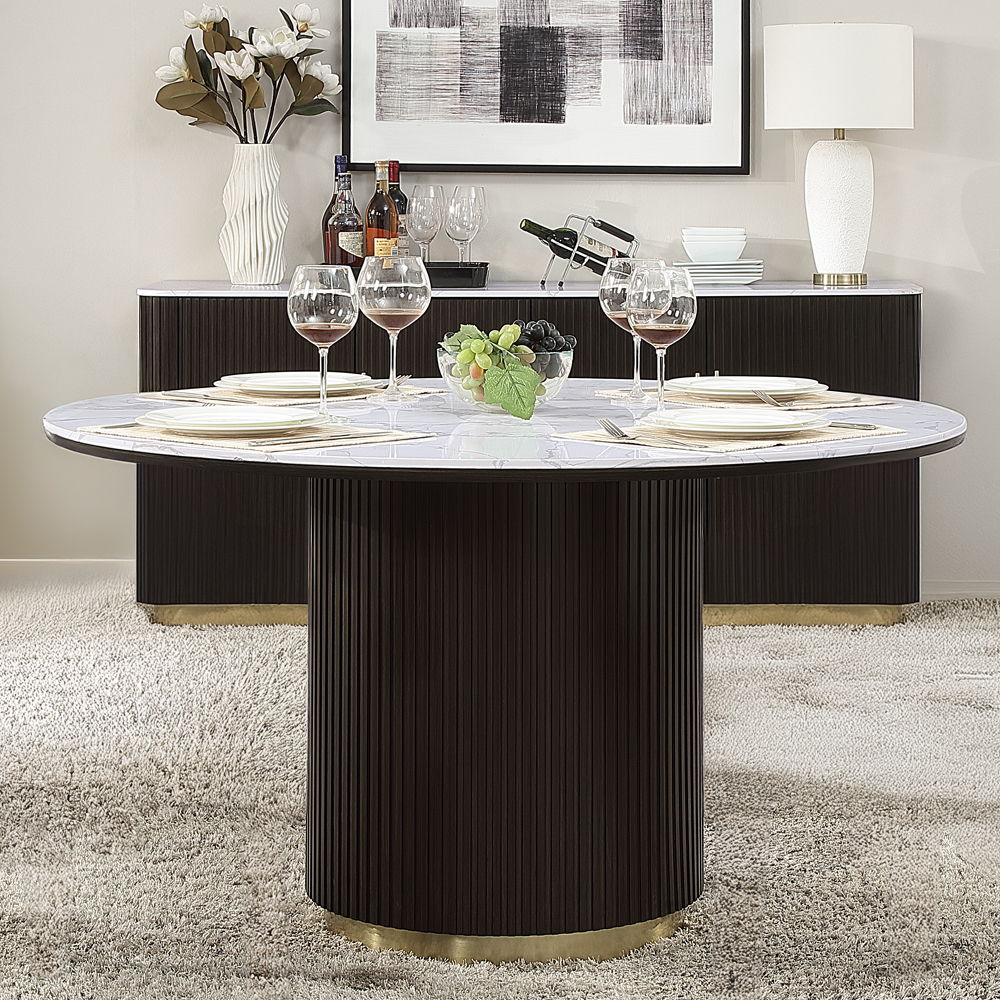 Clayten - Mesa de comedor redonda con mármol - Tapa de mármol blanco natural y acabado Espresso