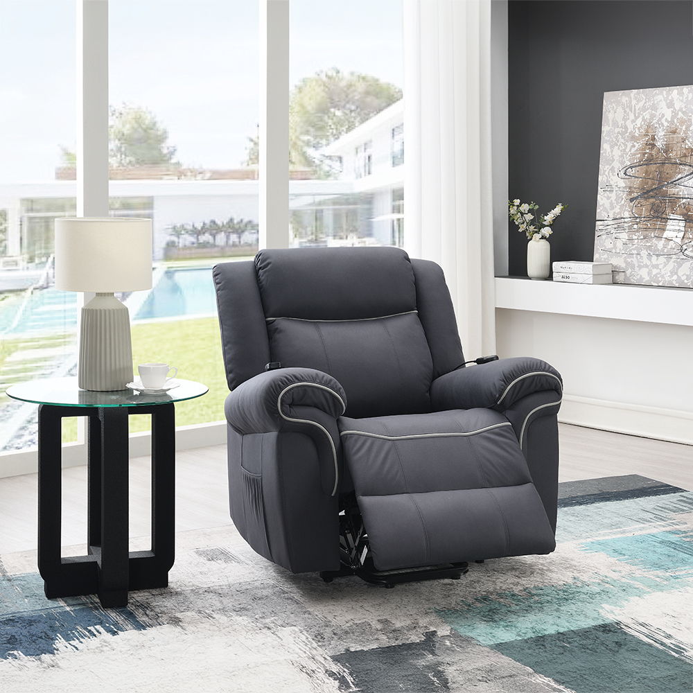 Domana - Reclinable eléctrico con elevador, calefacción y masaje - Tela azul oscuro