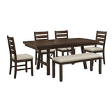 Jax - Juego de comedor de 6 piezas (Mesa de 72", cuatro sillas y banco) - Cerezo