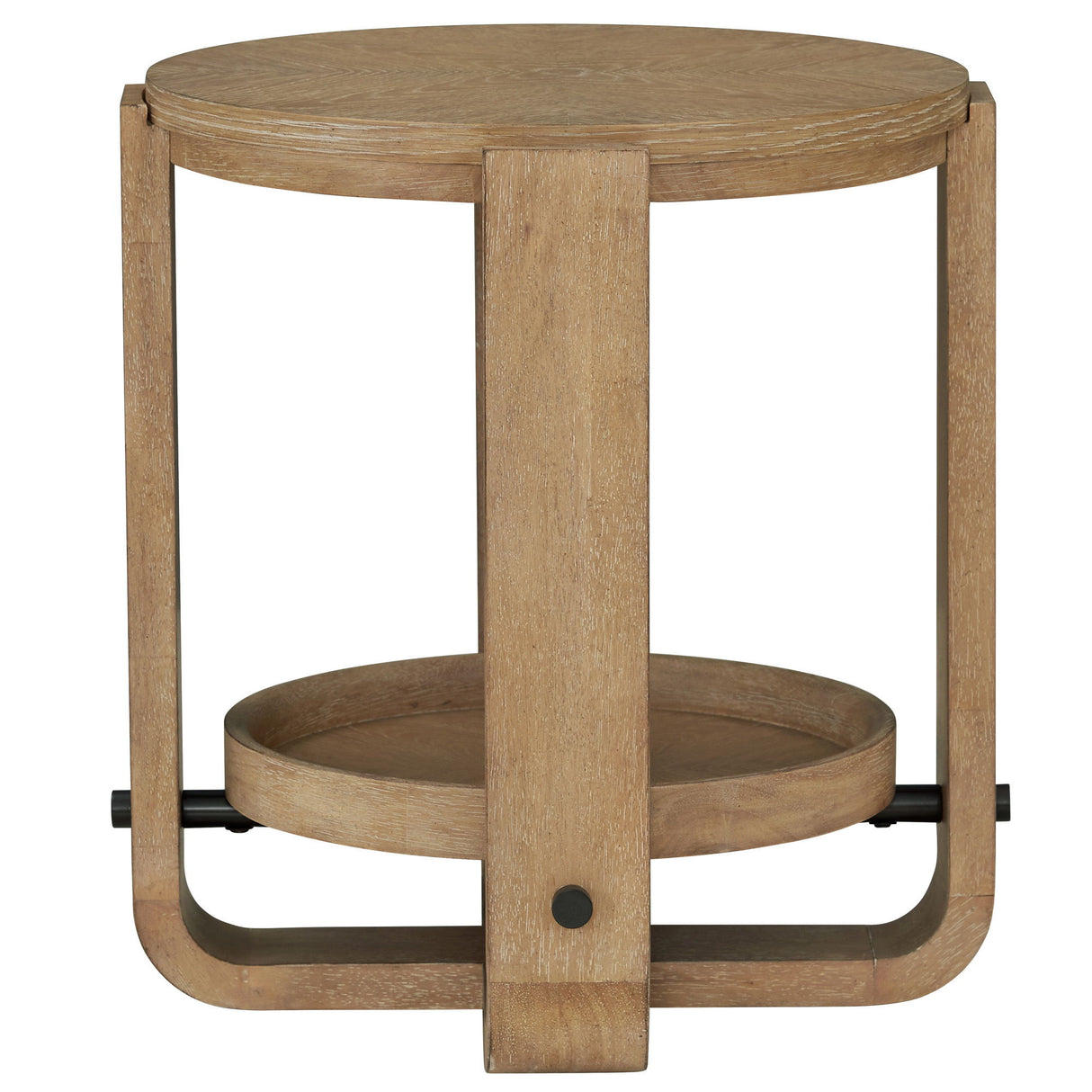 Escape - Round End Table With Shelf - Glazed Natural Oak / Black Metal Trim