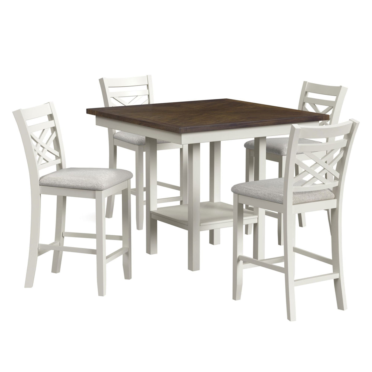 Brooks - Juego de mostrador de 5 piezas con mesa y 4 sillas con asiento tapizado y respaldo de madera - Marrón medio y blanco