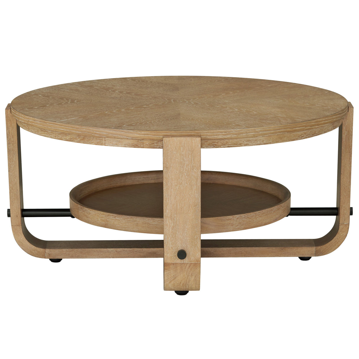 Escape - Mesa de centro redonda con estante - Roble natural glaseado / Adornos de metal negro