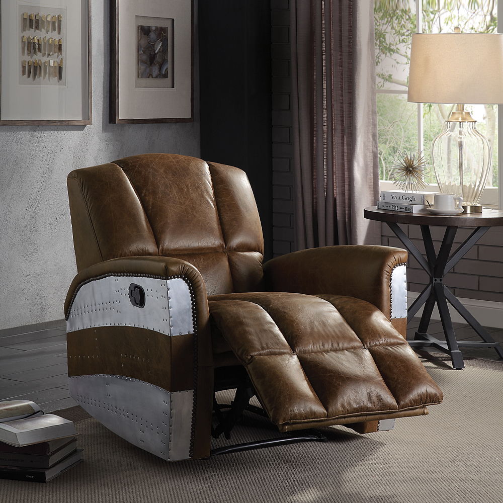 Brancaster - Sillón Reclinable - Piel de Grano Superior Marrón Retro y Aluminio