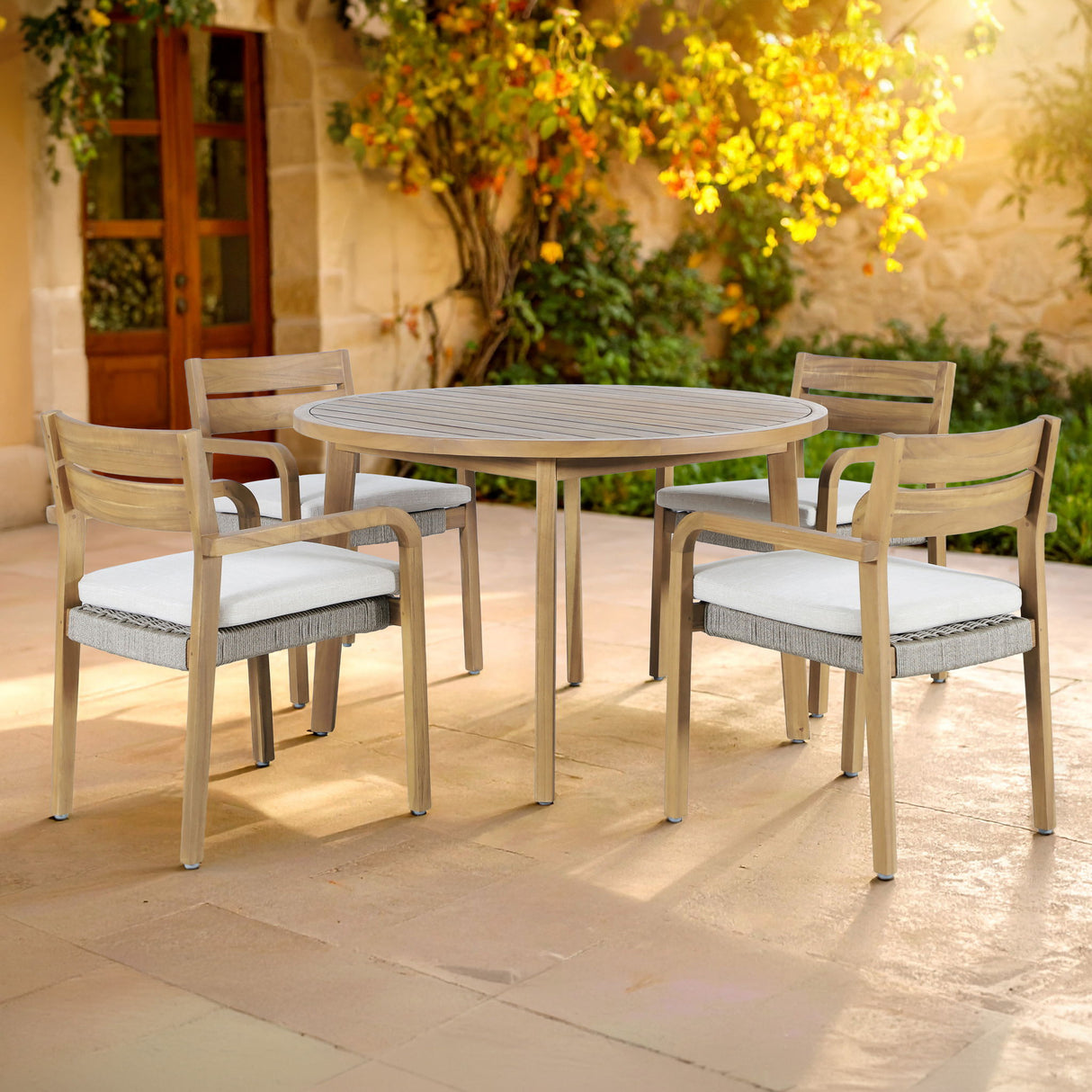 Arden - Round Patio Dining Table With 4 Patio Chairs - Natural alternate view 2