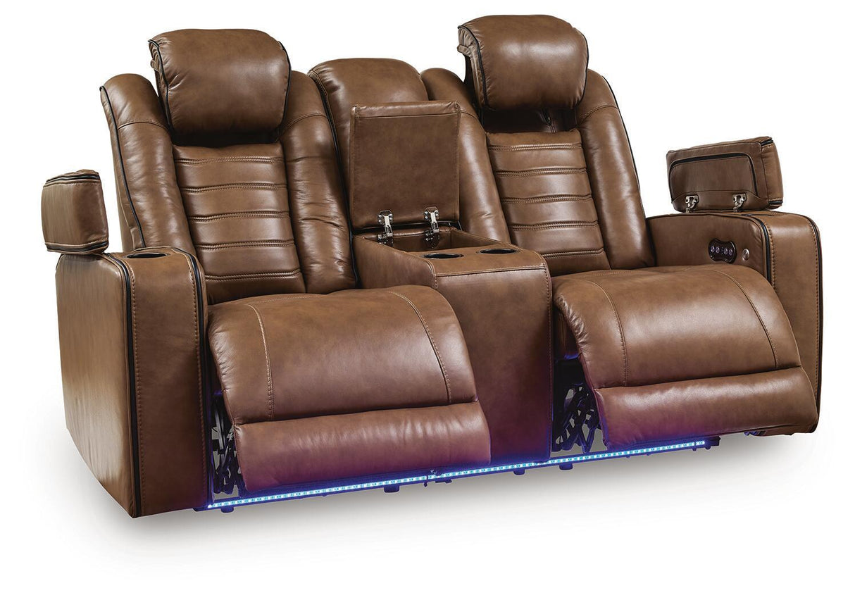 Gruaro - Sofá biplaza reclinable eléctrico con consola / Reposacabezas ajustable - Ámbar