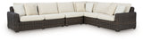 Kimora - 7 pzas. - Seccional de Exterior de 4 Piezas, Tumbona Reclinable Giratoria, Mesa de Centro, Mesa Auxiliar - Beige / Marrón Oscuro