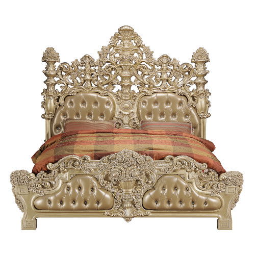 Seville - Cama King con Tapizado de PU Color Canela y Acabado Dorado